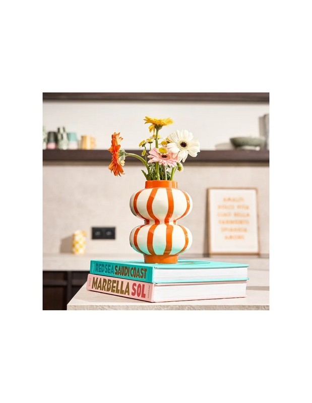 Vaso a sfere bianco in ceramica a righe verticali arancioni, dipinto a mano